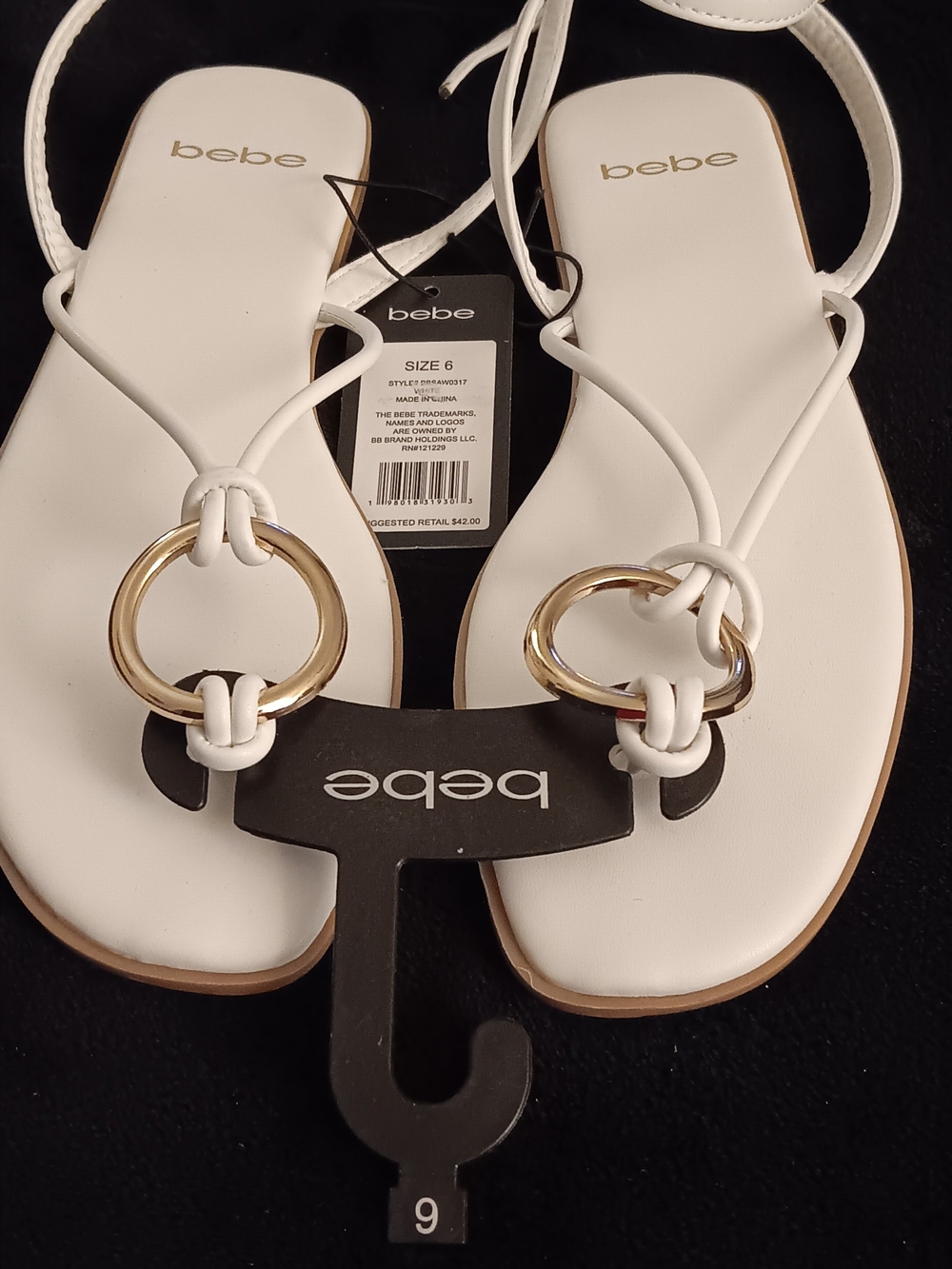bebe White Ankle T-Strap Sandals with Gold Ring Detail Women's size 6 NWT